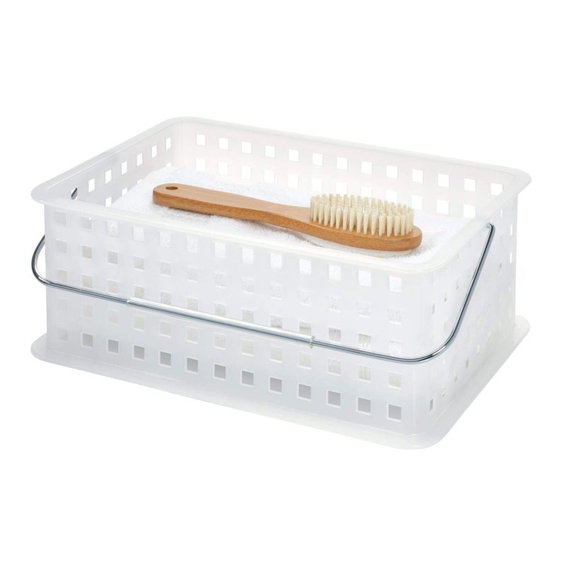 InterDesign iDesign Spa Storage Organizer Basket with Handle, Stackable Container for Bathroom, Health, Cosmetics, Hair Supplies and Beauty Products, 8.69" x 13.94" x 5.12", Frost White - Image 2