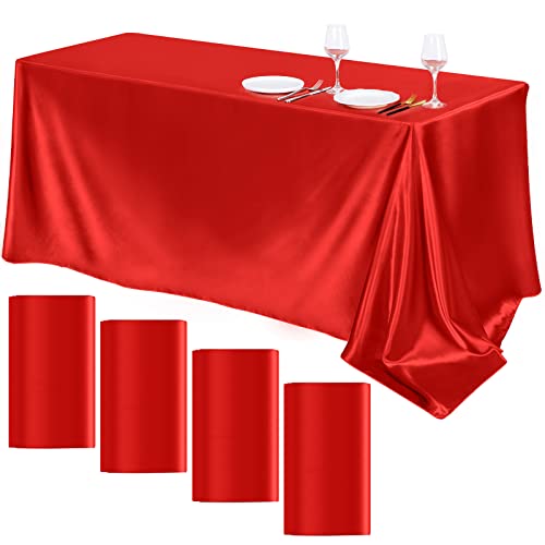 TURSTIN 4 Packs Satin Tablecloth 102 x 58 Inch Overlay Satin Table Cover Rectangle Bright Silk Tablecloth Smooth Fabric Table Decoration for Wedding Banquet Party Events Red
