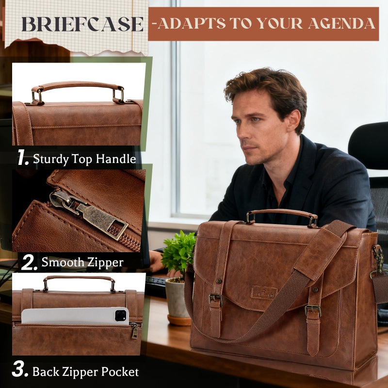 RAINSMORE Flap Messenger Bag for Men Vintage PU Vegan Leather Laptop Bag 15.6 Inch Professional Mens Briefcase Waterproof Satchel Bag Men with Card Purse Computer Bag for Work College Office Brown - Image 5