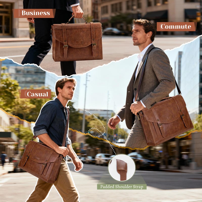 RAINSMORE Flap Messenger Bag for Men Vintage PU Vegan Leather Laptop Bag 15.6 Inch Professional Mens Briefcase Waterproof Satchel Bag Men with Card Purse Computer Bag for Work College Office Brown - Image 4