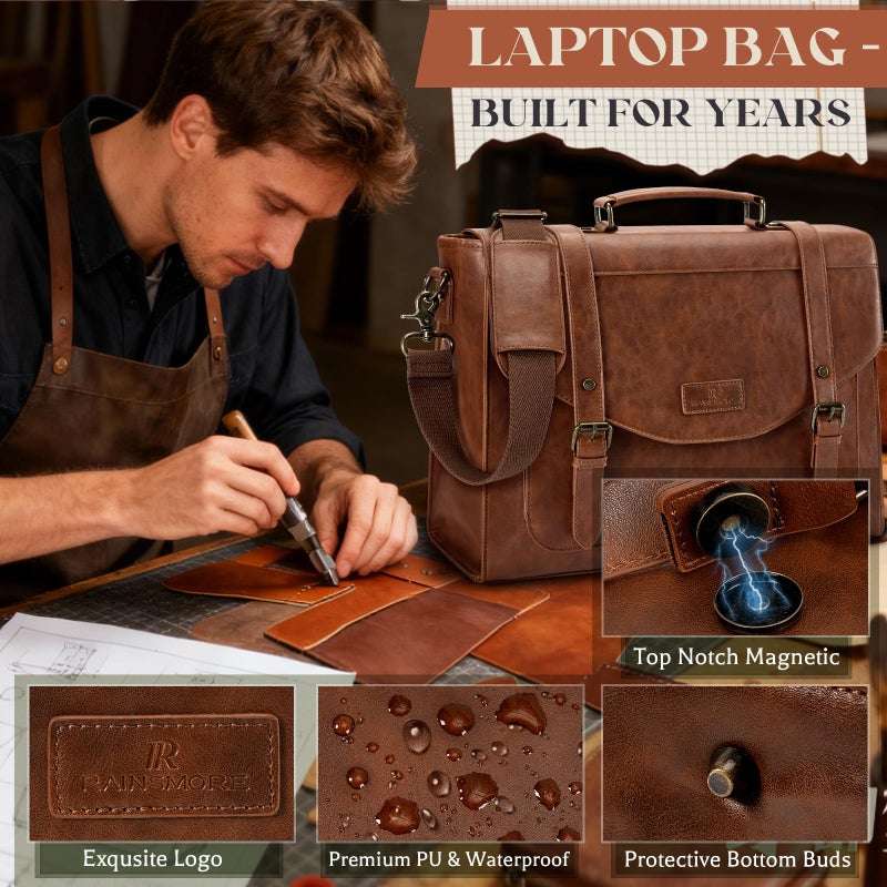 RAINSMORE Flap Messenger Bag for Men Vintage PU Vegan Leather Laptop Bag 15.6 Inch Professional Mens Briefcase Waterproof Satchel Bag Men with Card Purse Computer Bag for Work College Office Brown - Image 3