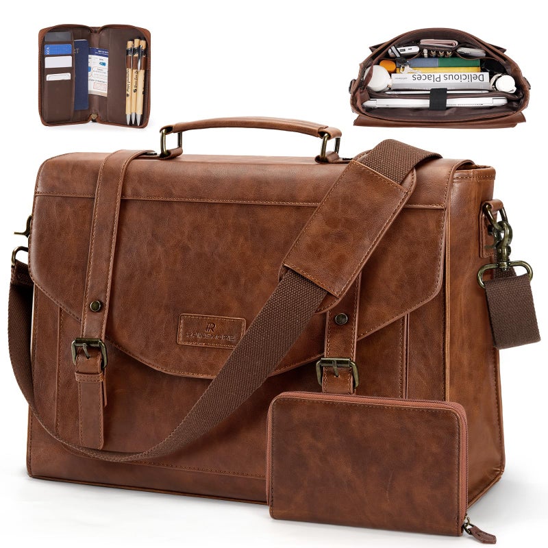 RAINSMORE Flap Messenger Bag for Men Vintage PU Vegan Leather Laptop Bag 15.6 Inch Professional Mens Briefcase Waterproof Satchel Bag Men with Card Purse Computer Bag for Work College Office Brown - Image 1