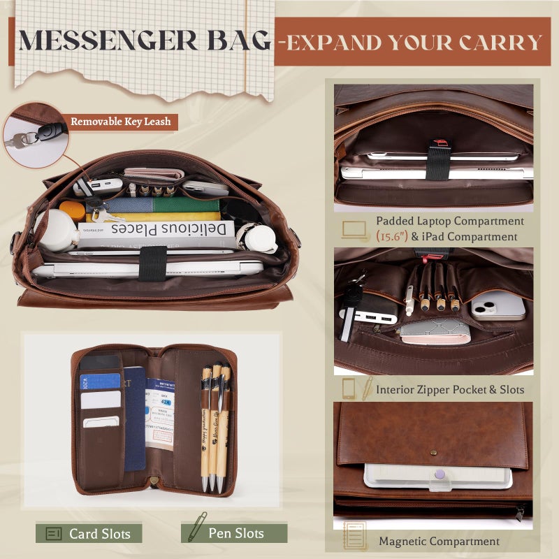 RAINSMORE Flap Messenger Bag for Men Vintage PU Vegan Leather Laptop Bag 15.6 Inch Professional Mens Briefcase Waterproof Satchel Bag Men with Card Purse Computer Bag for Work College Office Brown - Image 2