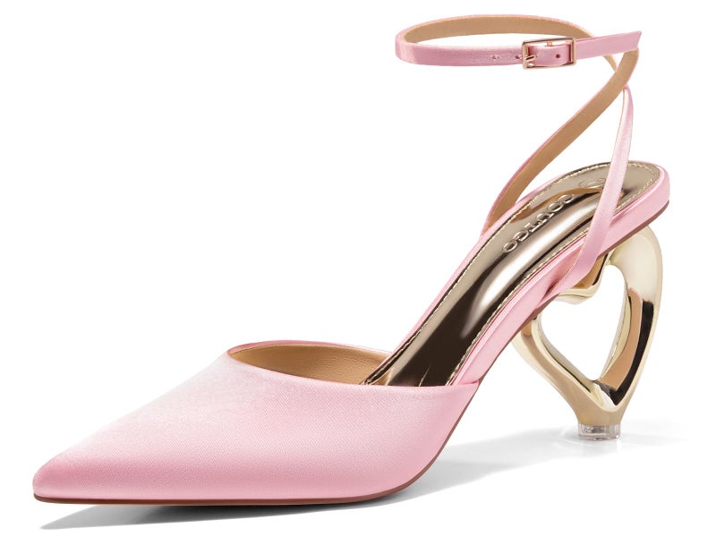 Coutgo Womens Kitten Heels Closed Pointed Toe Heart Heel Ankle Strap Satin Pumps Wedding Prom Dress Shoes, Pink, Size 6 - Image 1