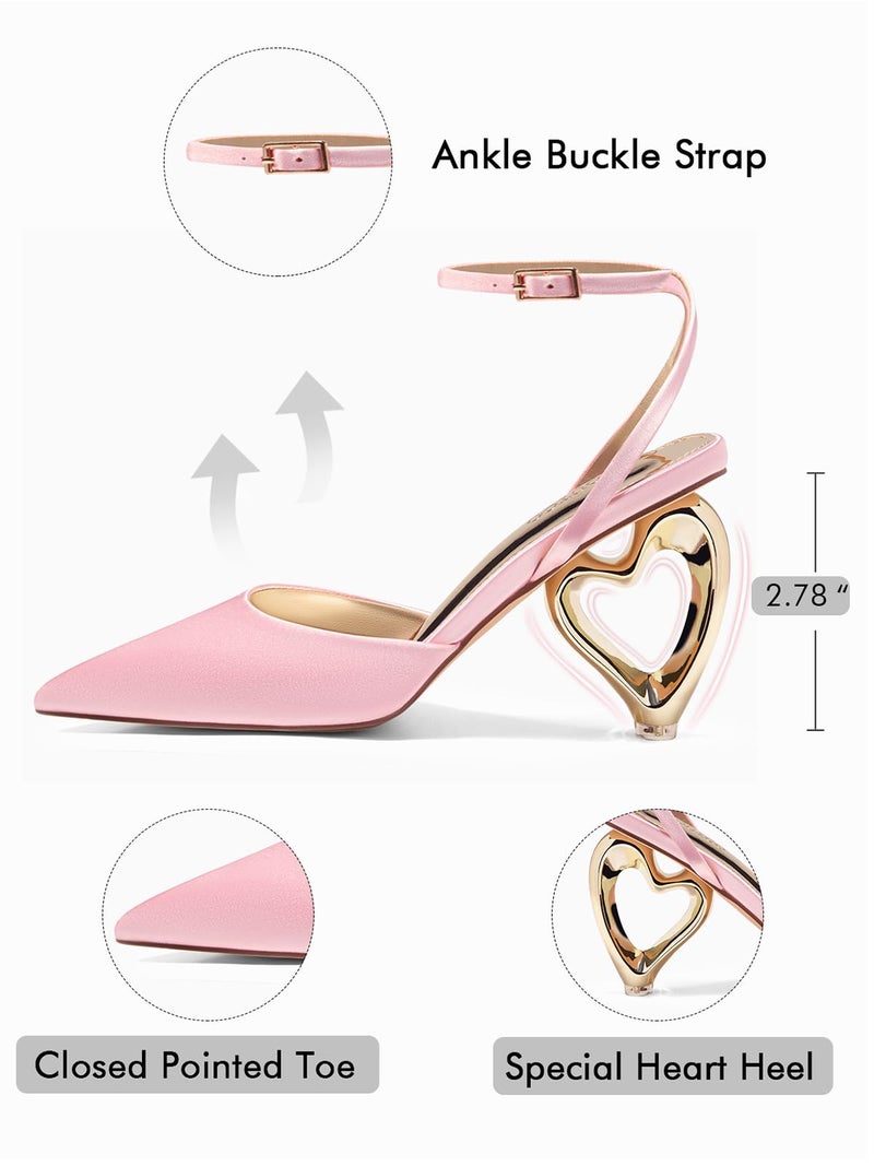 Coutgo Womens Kitten Heels Closed Pointed Toe Heart Heel Ankle Strap Satin Pumps Wedding Prom Dress Shoes, Pink, Size 6 - Image 4