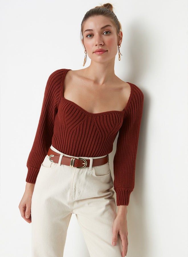 trendyol Brown Crop Heart Neck Knitwear Sweater TWOAW22KZ1760 - Image 1