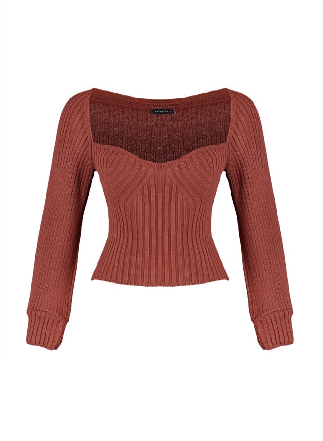 trendyol Brown Crop Heart Neck Knitwear Sweater TWOAW22KZ1760 - Image 5