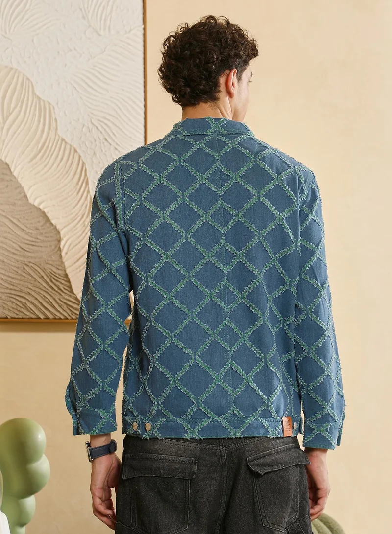 Campus Sutra Men's Geometric-Jacquard Denim Jacket | Spread Collar , Long Cuffed Sleeves , Button Closure , Straight Hem | Geometric Woven Jacquard For Casual & Daily | Indigo Blue