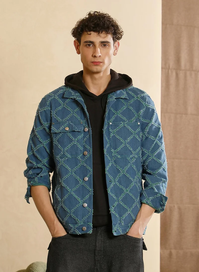 Men's Geometric-Jacquard Denim Jacket | Spread Collar , Long Cuffed Sleeves , Button Closure , Straight Hem | Geometric Woven Jacquard For Casual & Daily | Indigo Blue