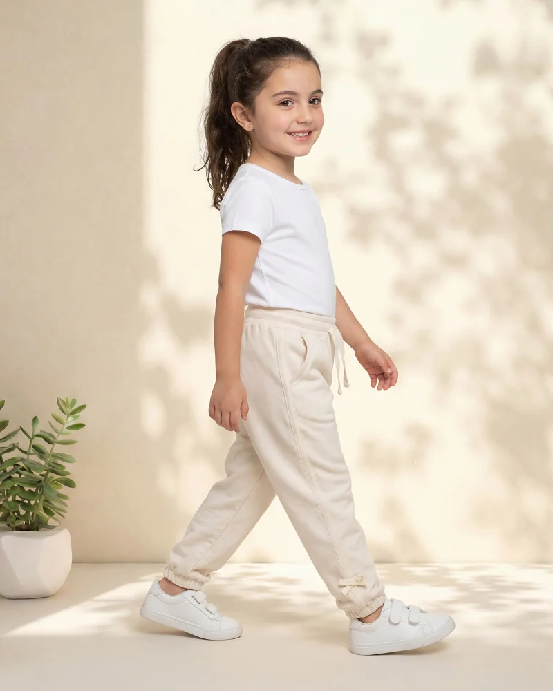 Redtag Girls Ecru Melange Bow Tape Active Pants