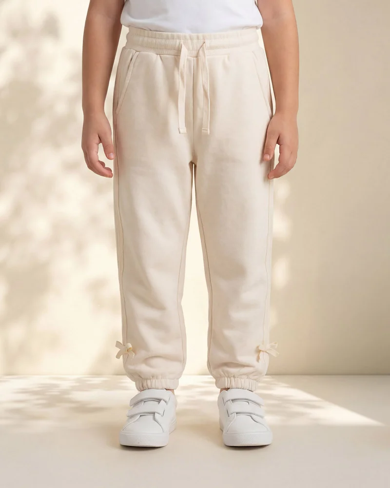 Redtag Girls Ecru Melange Bow Tape Active Pants