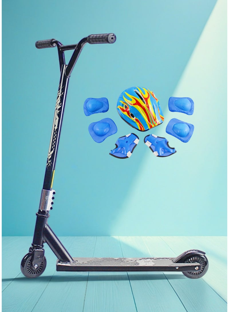 إيزي فيتشور سكوتر EASY FUTURE Stunt Scooter للحركات البهلوانية - سكوتر احترافي ثنائي العجلات بعجلات ألومنيوم 110 مم، وسطح ألومنيوم مع شريط قبضة، وقضبان عريضة على شكل حرف T، وفرامل فولاذية، ودوران 360 درجة، مثالي للمبتدئين والمتوسطين، بما في ذلك مجموعة معدات الحماية الكاملة - Image 4