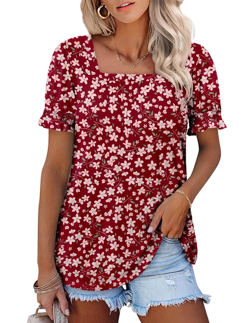 CRAZY GRID Womens Summer Blouses Puff Short Sleeve Shirts Square Neck Dressy Casual Tops Trendy Loose Tunic Ladies Spring Tshirts Printed Floral Deep Red S - Image 3
