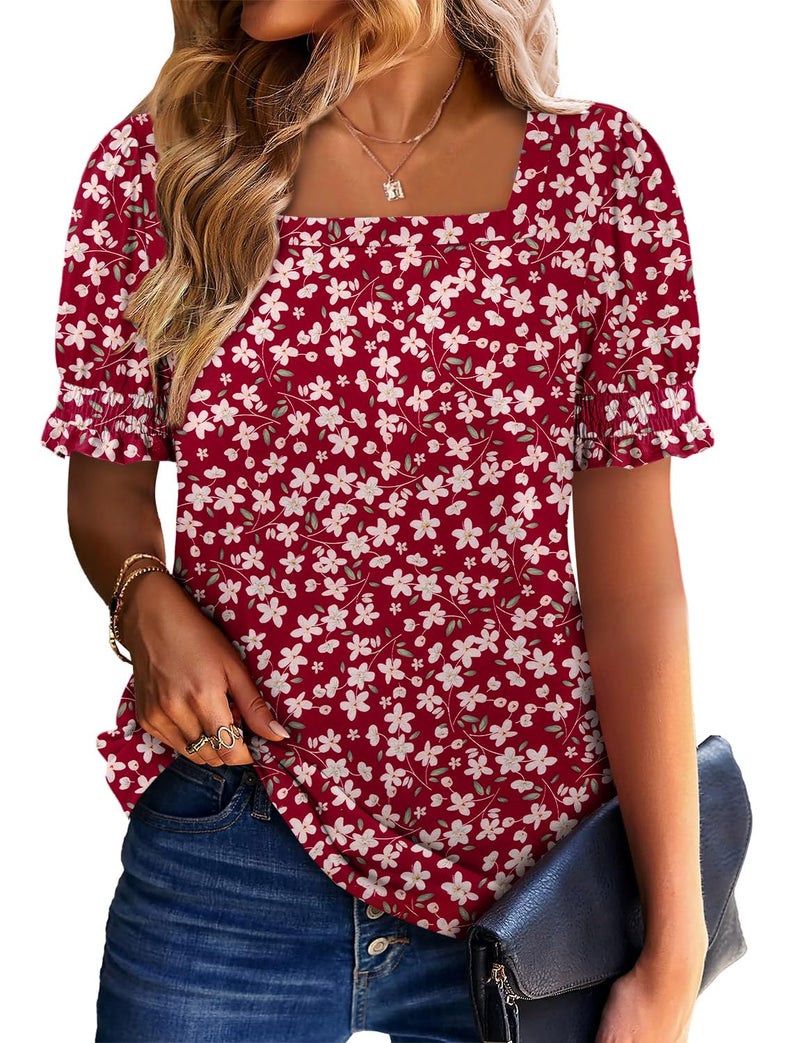 CRAZY GRID Womens Summer Blouses Puff Short Sleeve Shirts Square Neck Dressy Casual Tops Trendy Loose Tunic Ladies Spring Tshirts Printed Floral Deep Red S - Image 4
