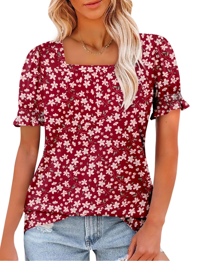 CRAZY GRID Womens Summer Blouses Puff Short Sleeve Shirts Square Neck Dressy Casual Tops Trendy Loose Tunic Ladies Spring Tshirts Printed Floral Deep Red S - Image 5