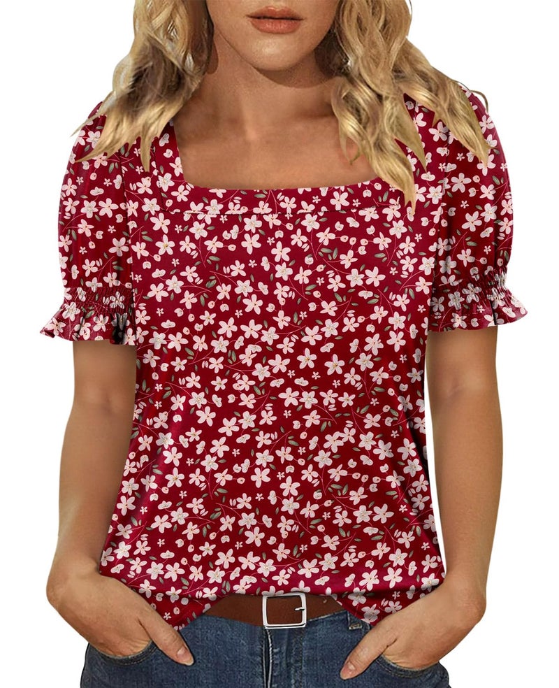 CRAZY GRID Womens Summer Blouses Puff Short Sleeve Shirts Square Neck Dressy Casual Tops Trendy Loose Tunic Ladies Spring Tshirts Printed Floral Deep Red S - Image 2