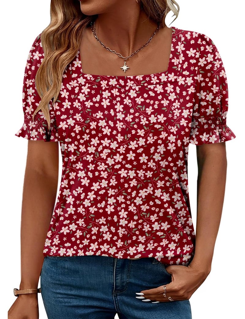 CRAZY GRID Womens Summer Blouses Puff Short Sleeve Shirts Square Neck Dressy Casual Tops Trendy Loose Tunic Ladies Spring Tshirts Printed Floral Deep Red S - Image 1
