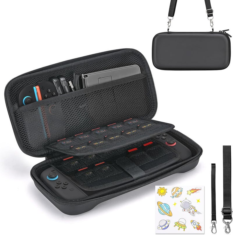 يونيك حقيبة المتوافقة مع NS Switch 2 (2025)، حقيبة حمل تحتوي على 19 فتحة لبطاقات اللعب، ملحقات Switch 2 تشمل حزام كتف، حزام معصم وملصق (أسود) - Image 1