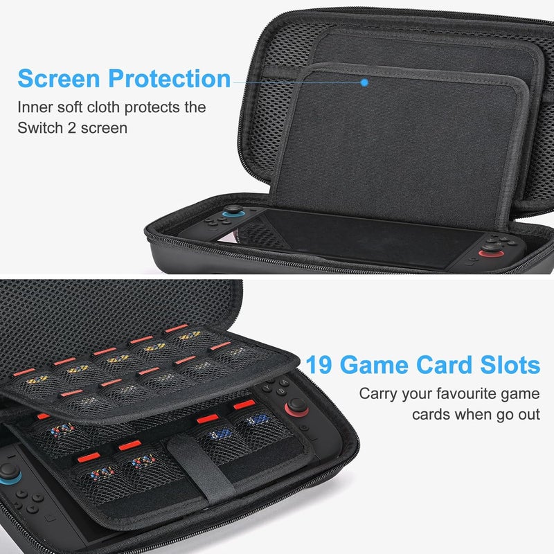 يونيك حقيبة المتوافقة مع NS Switch 2 (2025)، حقيبة حمل تحتوي على 19 فتحة لبطاقات اللعب، ملحقات Switch 2 تشمل حزام كتف، حزام معصم وملصق (أسود) - Image 3
