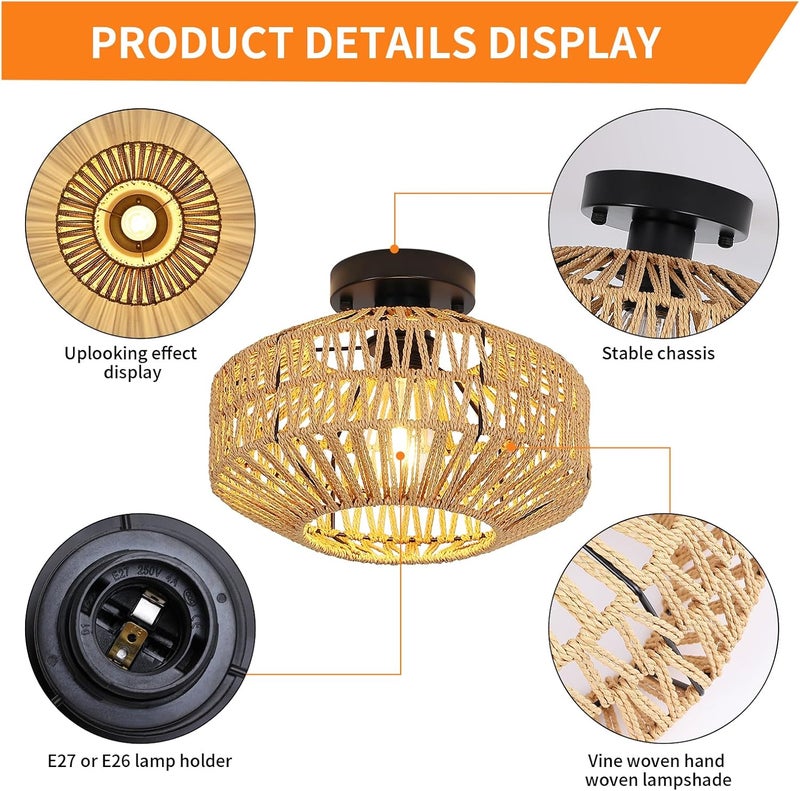 Garwarm Retro Ceiling Light,Rustic Ceiling Lamp,Hanging Lamp, Braided Basket Lampshade,Vintage Rattan Lamp,Chandeliers, E27 Industrial Ceiling Lights for Kitchen,Dining Room 30cm(Bulb Not Included) - Image 3