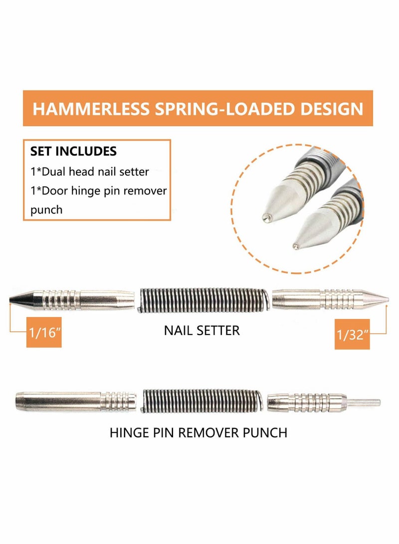 Y&D Dual Head Nail Setter and Hinge Pin Tool Punch Set, 2 Pcs Spring Set 1/32″ 1/16″ Center Hammerless 3500 PSI Striking Force Door Removal  - Image 2