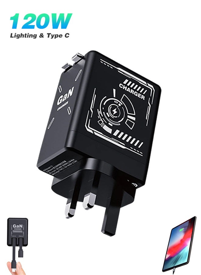 2-in-1 Compatible with 120w Fast Charger, Retractable Wall Fasts Charging Power Adapter with All in One Foldable Plug, Versatile Portable Fast Charger Module for iPhone, Phone, Tablet (Black)