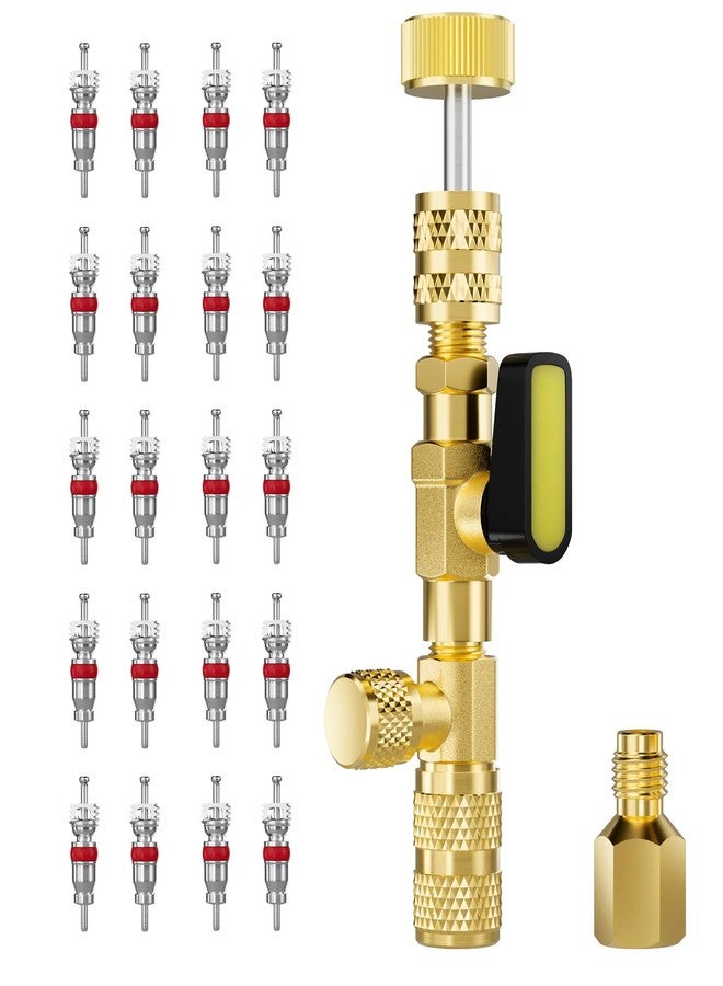 HTOMT Valve Core Remover Installer Tool with Dual Size SAE 1/4 and 5/16 Port Brass Adapter, Schrader Valve Tool for R22 R410a Refrigerant Systems with 20pcs Valve Cores - Image 1