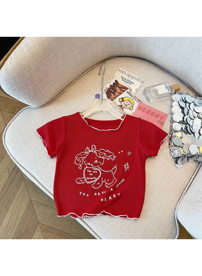 Girls' Short-sleeve T-shirt Summer  New Style Children's Versatile Ruffle Top Cute Printed T-shirt For Baby Girls Trendy