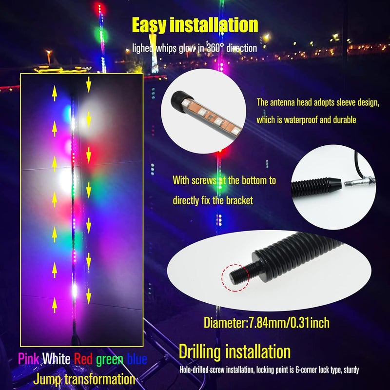 HAISECA 2Pcs 3.4FT RGB LED Whip Lights with 270° Auto Strobe for ATV UTV RZR Off-Road Truck Boat - Image 4