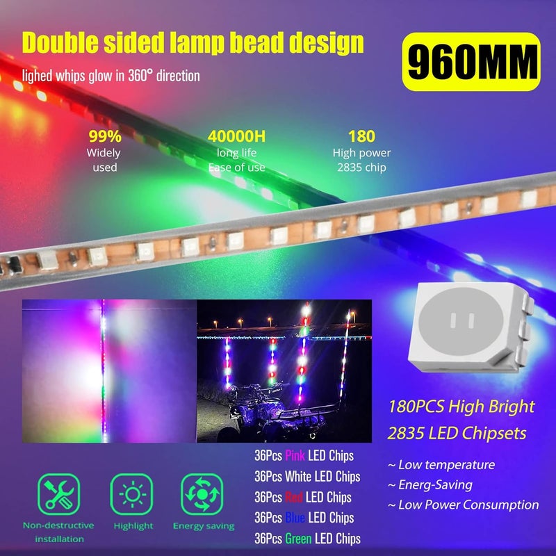 HAISECA 2Pcs 3.4FT RGB LED Whip Lights with 270° Auto Strobe for ATV UTV RZR Off-Road Truck Boat - Image 2