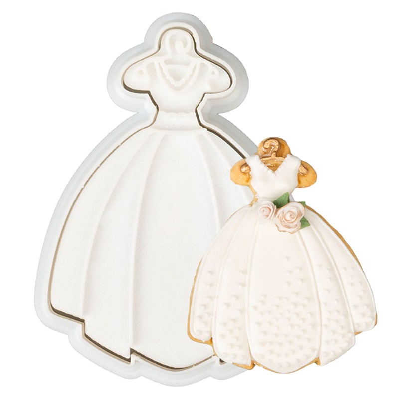 Flycalf Wedding Cookie Cutters Dress with Plunger Stamps Handle Bridesmaid Bridal Shower Holiday PLA Baking 3.5"" Cutter Molds for Kids Decorative Party Kitchen - Image 1