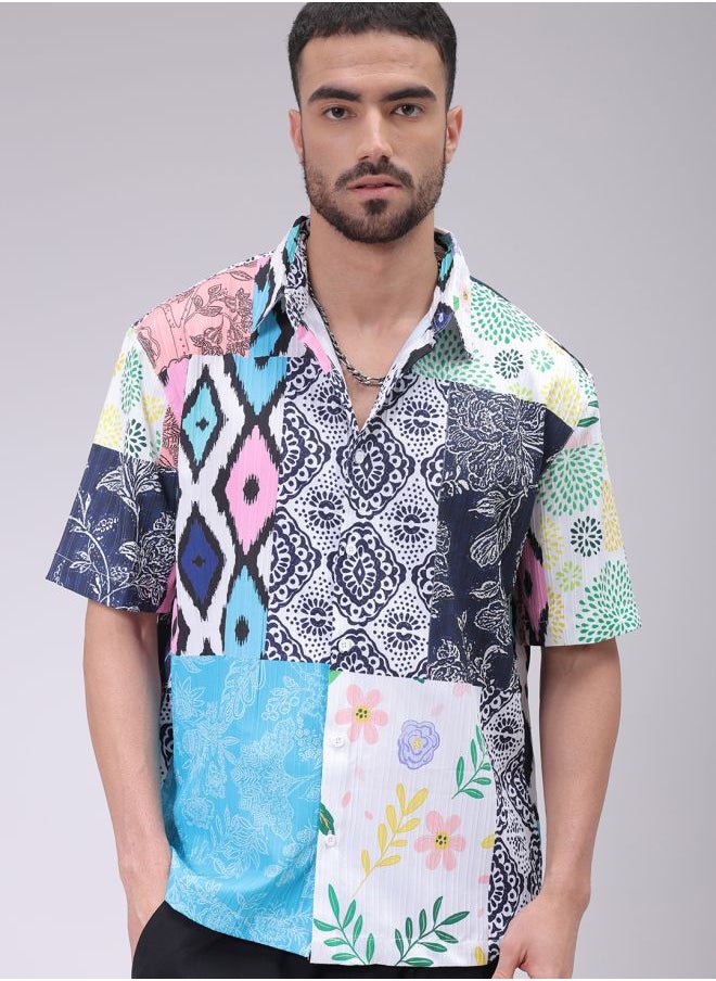 The Indian Garage Co Men Boxy Fit Textured Printed Half Sleeves Cutaway Collar Street Wear Shirt  - Image 1