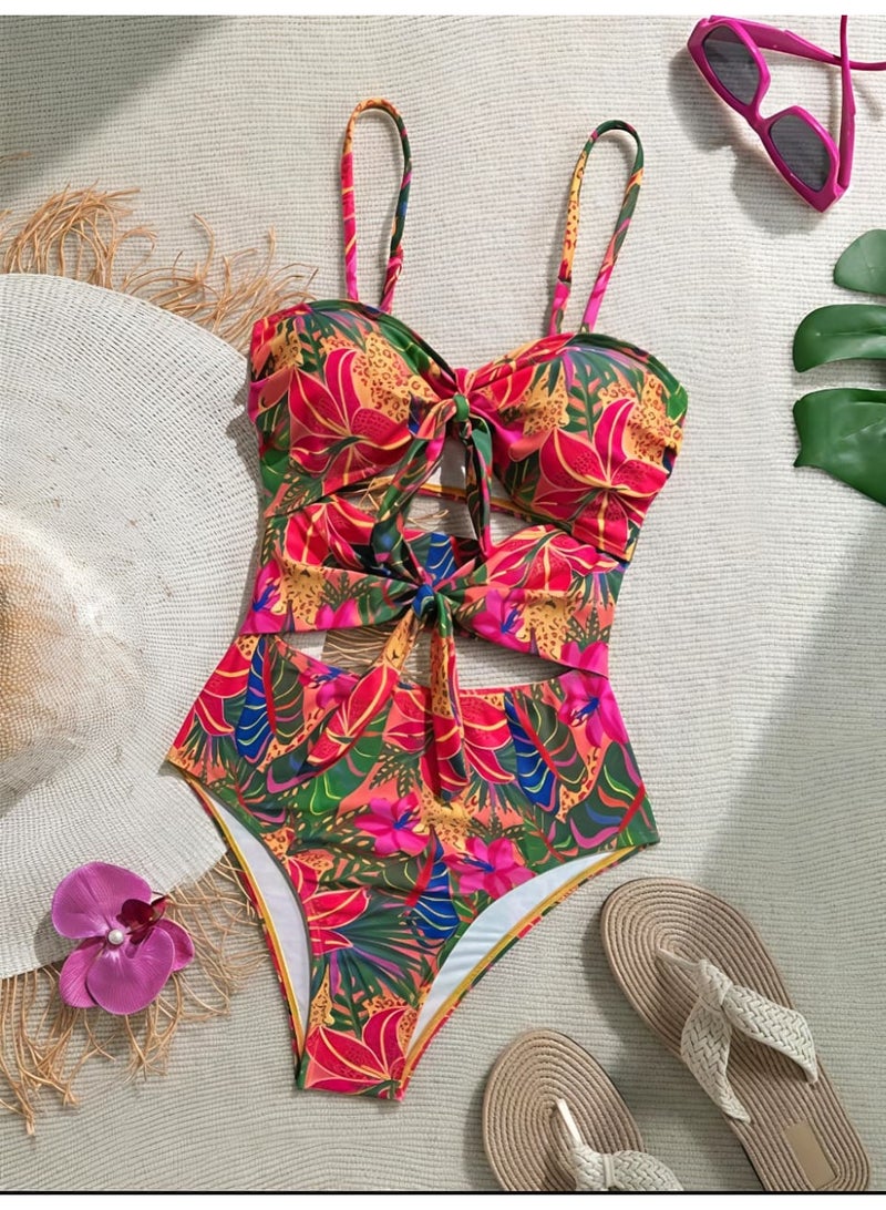 SHEIN  Women's Tropical Print Front Tie Bow One-Piece Swimsuit - Image 1