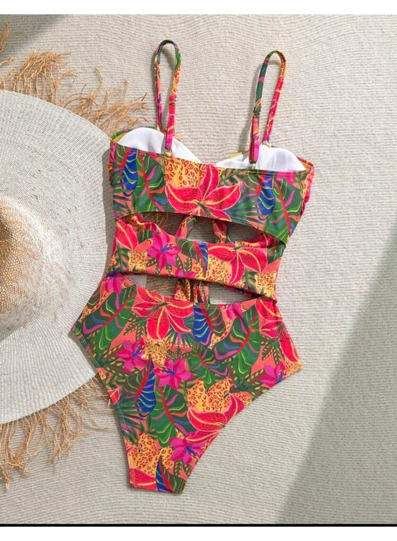 SHEIN  Women's Tropical Print Front Tie Bow One-Piece Swimsuit - Image 3