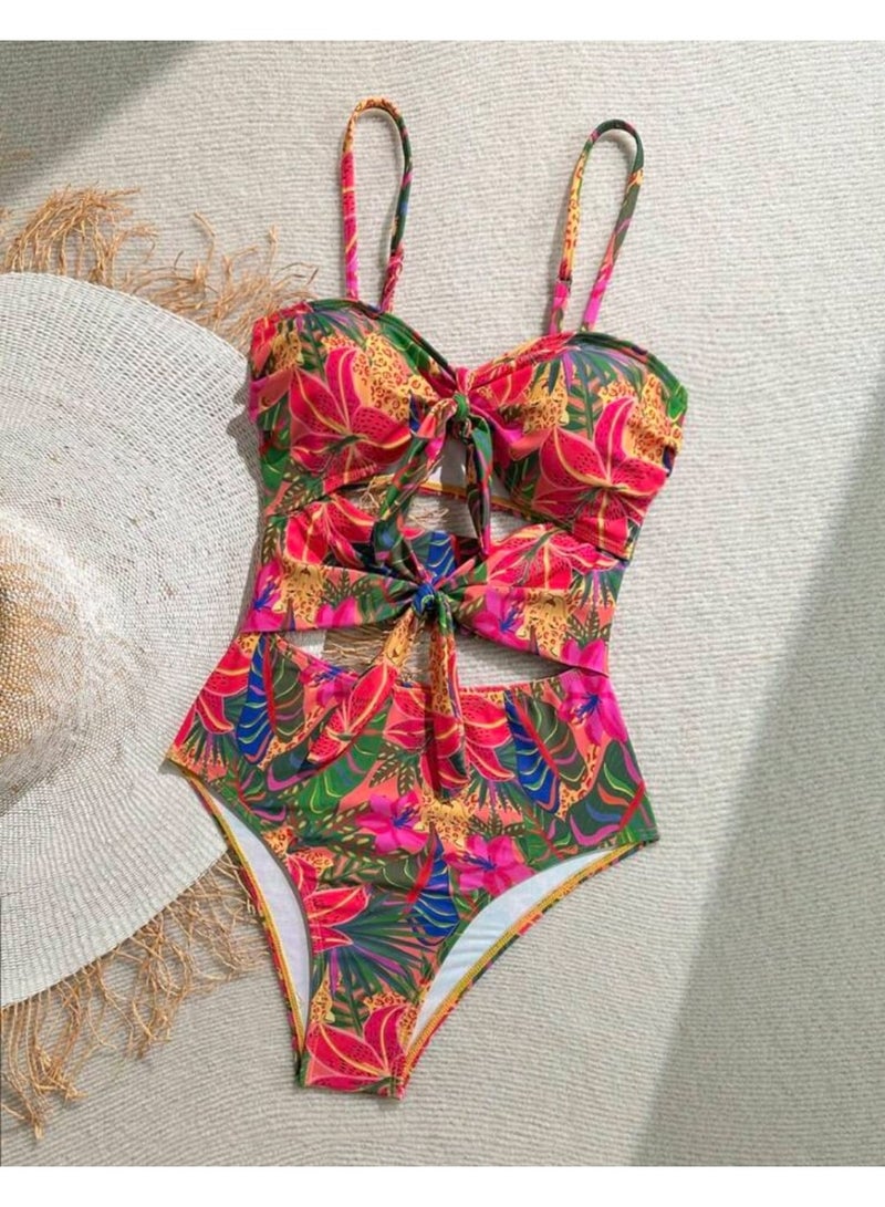 SHEIN  Women's Tropical Print Front Tie Bow One-Piece Swimsuit - Image 4