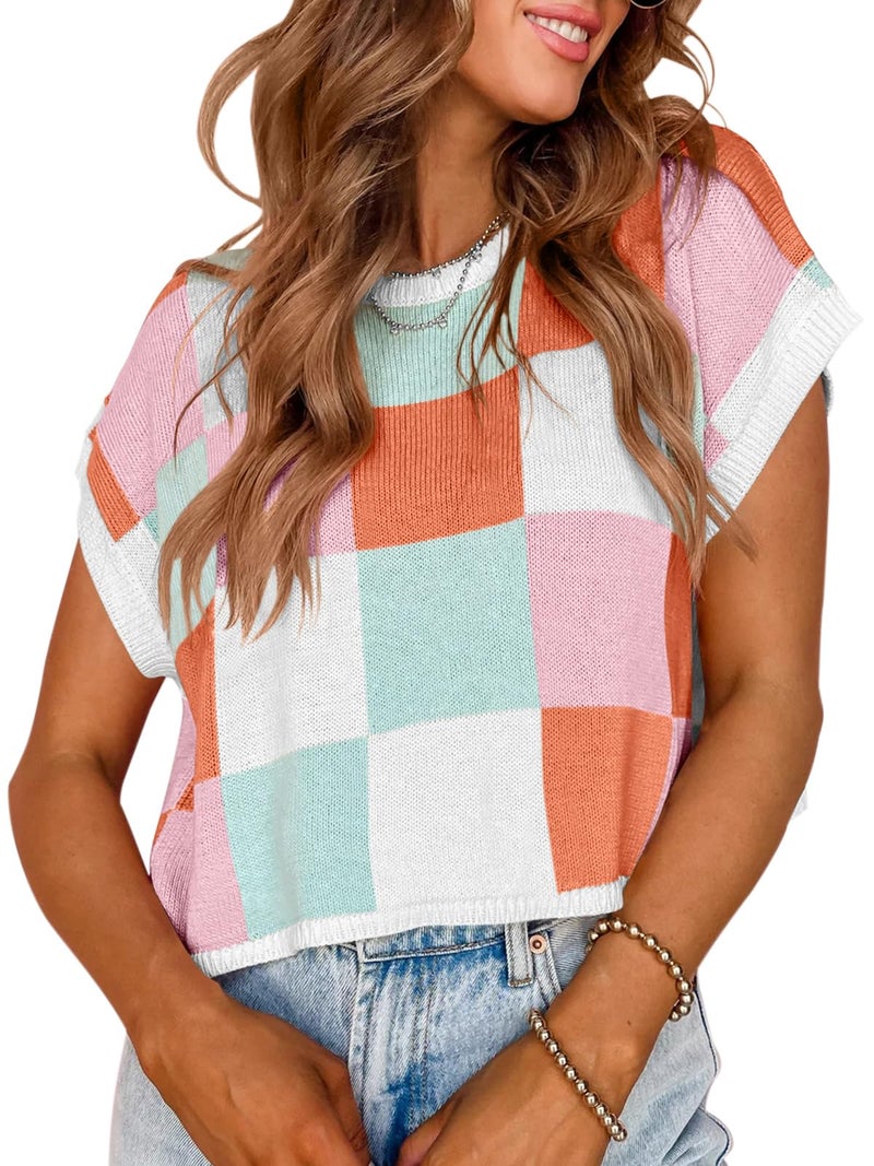 Saodimallsu Womens Cap Sleeve Crop Tops Summer Color Block Going Out Crew Neck Knit Trendy Casual Sweater A-Pink - Image 1