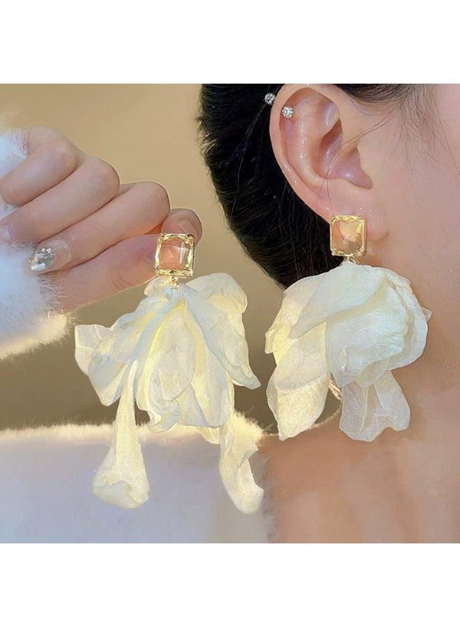 Goolsky Atmospheric Beige Chiffon Clip-On Earrings – Hypoallergenic Zircon Statement Design, Elegant Vacation Vibes - Image 3