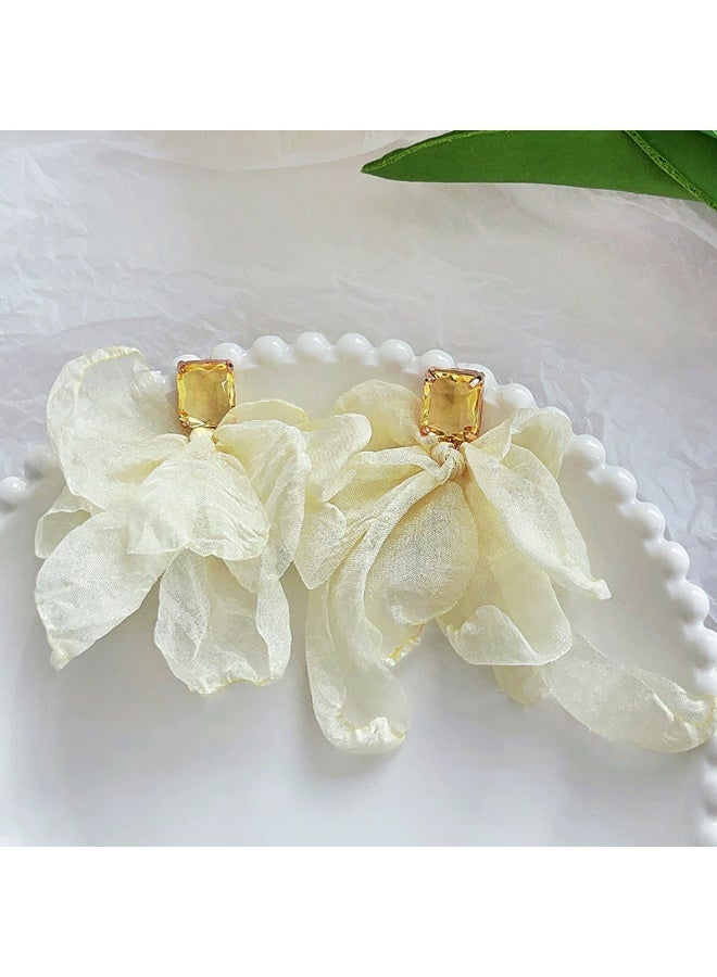 Goolsky Atmospheric Beige Chiffon Clip-On Earrings – Hypoallergenic Zircon Statement Design, Elegant Vacation Vibes - Image 1