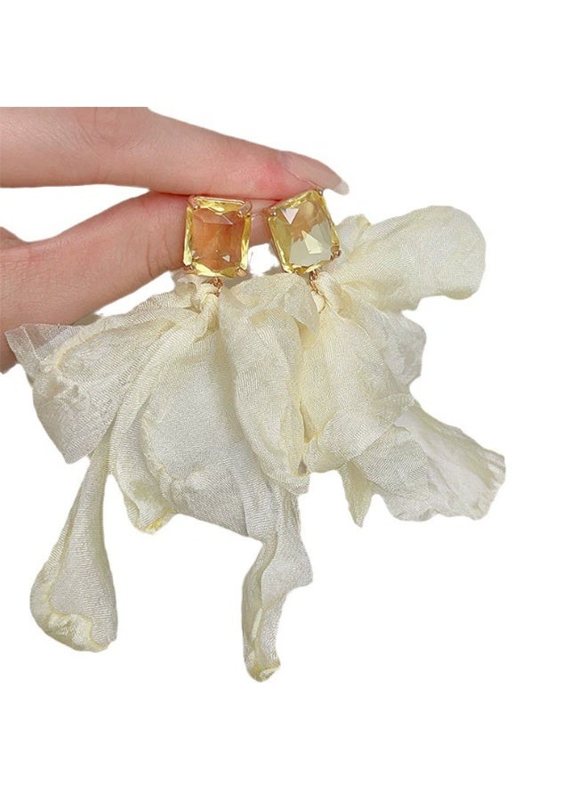 Goolsky Atmospheric Beige Chiffon Clip-On Earrings – Hypoallergenic Zircon Statement Design, Elegant Vacation Vibes - Image 2