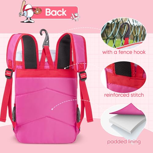Smasrob Youth Baseball Bag for T Ball, Rec and Travel Ball, Softball Bag with Helmet Holder and Fence Hook, Pink - Image 4