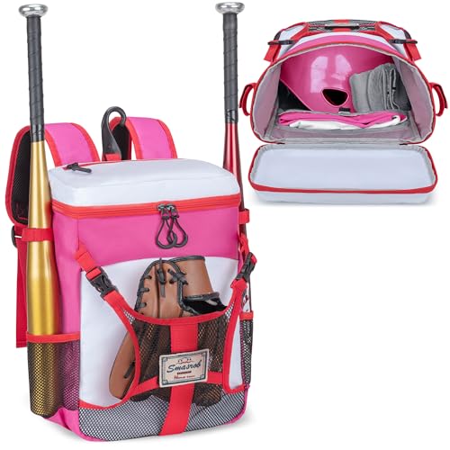 Smasrob Youth Baseball Bag for T Ball, Rec and Travel Ball, Softball Bag with Helmet Holder and Fence Hook, Pink - Image 1