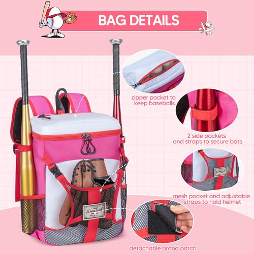 Smasrob Youth Baseball Bag for T Ball, Rec and Travel Ball, Softball Bag with Helmet Holder and Fence Hook, Pink - Image 2