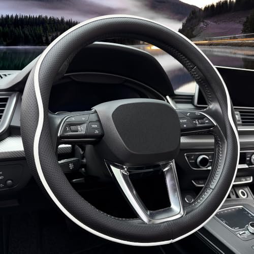 HAOTULE Leather Steering Wheel Cover with AntiSlip Stripe Design Enhanced Grip Fashion Style Safe NonSlip Breathable Upgrade car InteriorBlack White - Image 1
