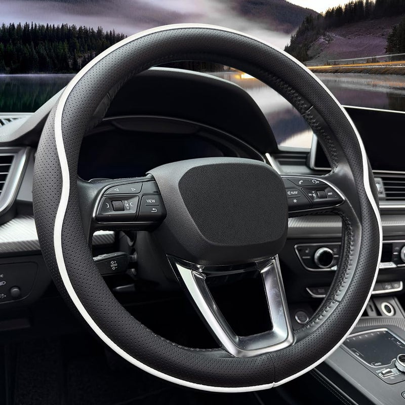 HAOTULE Leather Steering Wheel Cover with AntiSlip Stripe Design Enhanced Grip Fashion Style Safe NonSlip Breathable Upgrade car InteriorBlack White - Image 3