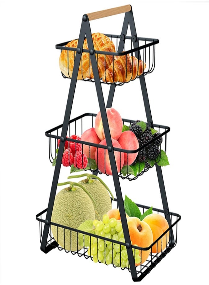 LIVVY 3-Tier Metal Fruit Basket with Wooden Handle, Detachable Fruit & Vegetable Storage Rack for Kitchen Counter, Large Capacity Bread Snack Organizer Stand – Black Iron Frame - Image 1