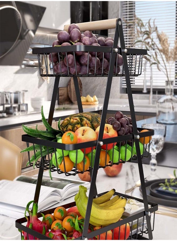 LIVVY 3-Tier Metal Fruit Basket with Wooden Handle, Detachable Fruit & Vegetable Storage Rack for Kitchen Counter, Large Capacity Bread Snack Organizer Stand – Black Iron Frame - Image 2