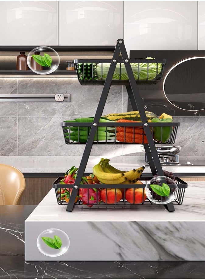 LIVVY 3-Tier Metal Fruit Basket with Wooden Handle, Detachable Fruit & Vegetable Storage Rack for Kitchen Counter, Large Capacity Bread Snack Organizer Stand – Black Iron Frame - Image 3