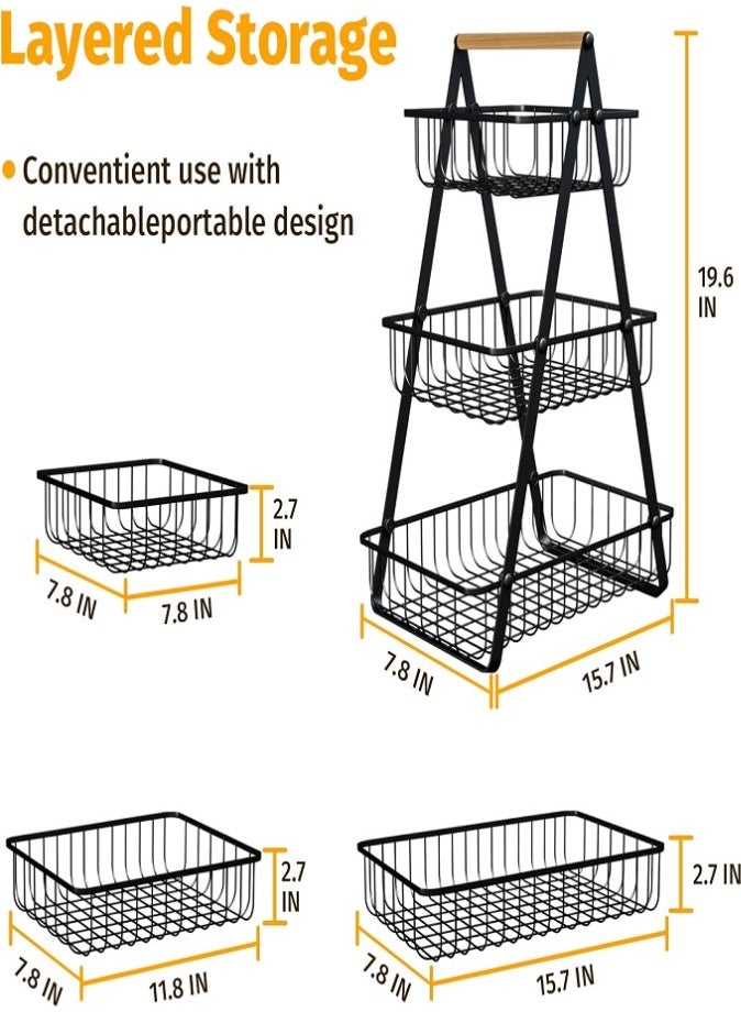 LIVVY 3-Tier Metal Fruit Basket with Wooden Handle, Detachable Fruit & Vegetable Storage Rack for Kitchen Counter, Large Capacity Bread Snack Organizer Stand – Black Iron Frame - Image 5