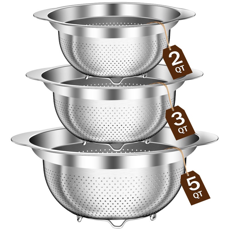 STOCKPOT Stainless Steel Colander for Kitchen, Stainless Steel Strainer, Pasta Strainer for Spaghetti Fruit Vegetable Cooking Food, 3 Pcs Strainers and Colanders(2QT, 3QT, 5QT), Dishwasher Safe, Kitchen Gift - Image 1