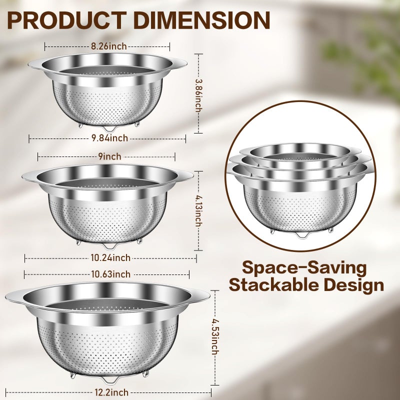 STOCKPOT Stainless Steel Colander for Kitchen, Stainless Steel Strainer, Pasta Strainer for Spaghetti Fruit Vegetable Cooking Food, 3 Pcs Strainers and Colanders(2QT, 3QT, 5QT), Dishwasher Safe, Kitchen Gift - Image 2
